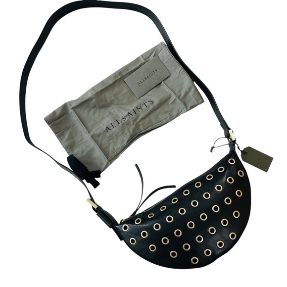 ALLSAINTS Half Moon Eyelet Shoulder Crossbody Bag Black 100% Lamb Leather NEW - Picture 7 of 16